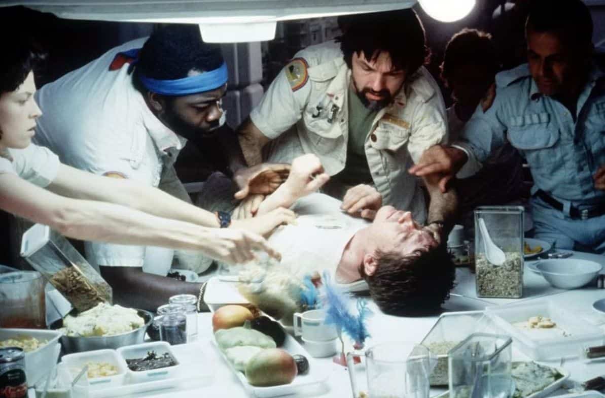 The chestburster scene in Alien