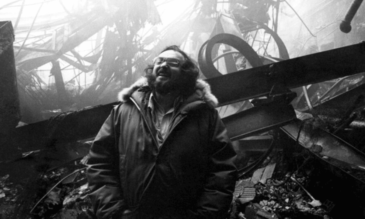 Kubrick on the site of the burned down set