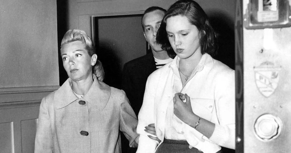 Lana Turner and Cheryl Crane leaving a Los Angeles police station